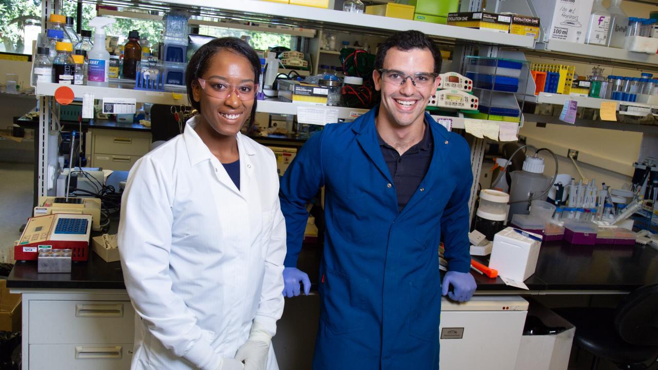 MARC is part of the Educational Enrichment and Outreach Programs, which also includes initiatives like the Biology Undergraduate Scholars Program. BUSP students Tayler Smith and Leib Lipowsky are pictured here. David Slipher/UC Davis picture of two students in lab PPE