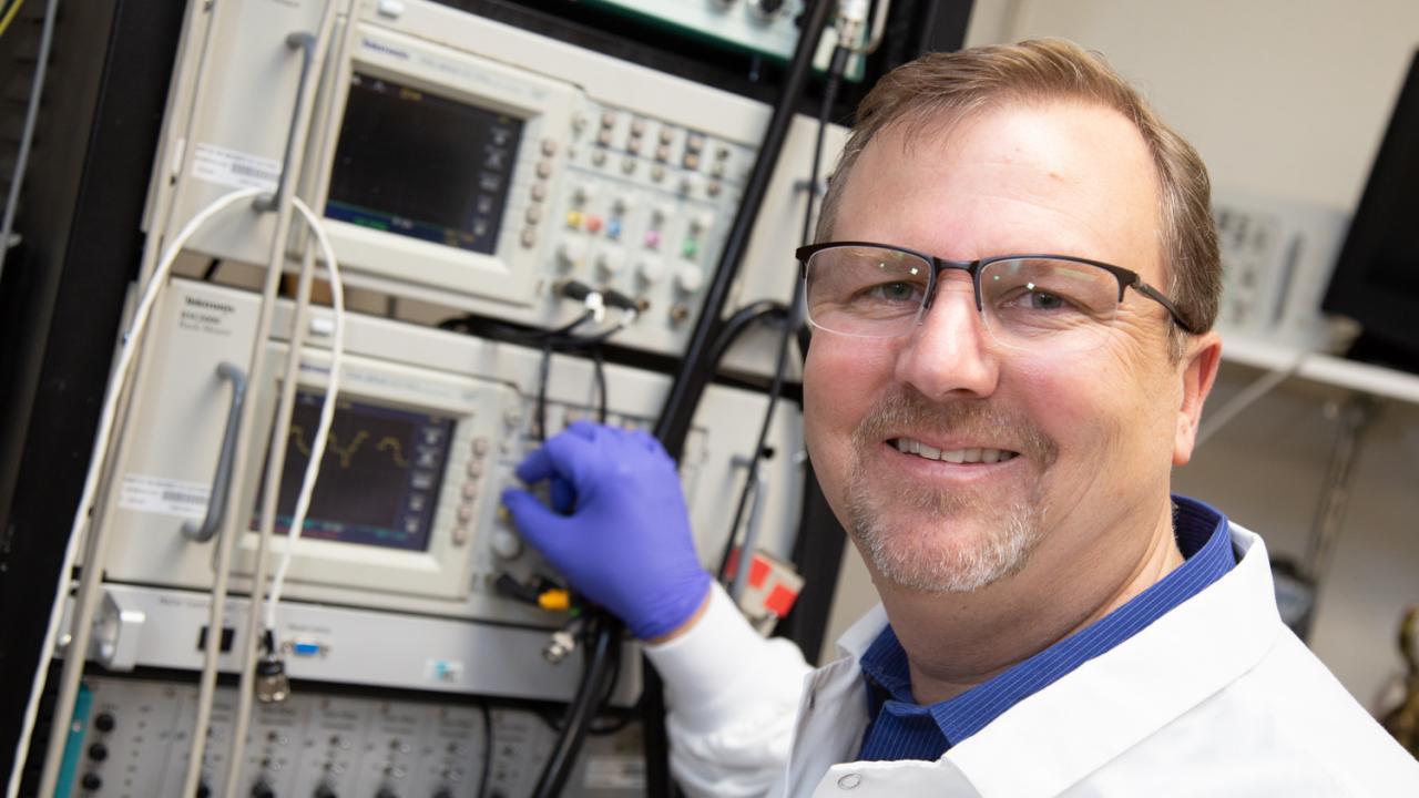 The UC Davis College of Biological Sciences named Professor W. Martin Usrey to the Barbara A. Horwitz and John M. Horowitz Endowed Chair in Physiology. David Slipher/UC Davis Picture of Marty in lab gear adjusting equipment