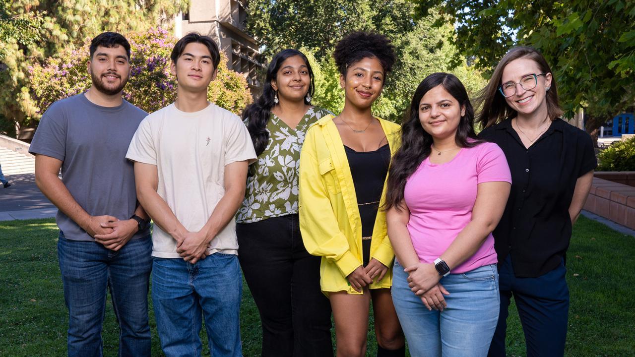 Brie Tripp (right), an assistant professor of teaching in the Department of Neurobiology, Physiology and Behavior has been named a 2024 Chancellor’s Fellow for DEI for her support of students from underserved and underrepresented backgrounds. She is pictured here with members of her lab: (from left) Alex Pulido, Ethan Pang, Akshaya Ravi, Satu Ra Enwezor, Manavjeet Hans and Brie Tripp. (TJ Ushing/UC Davis)