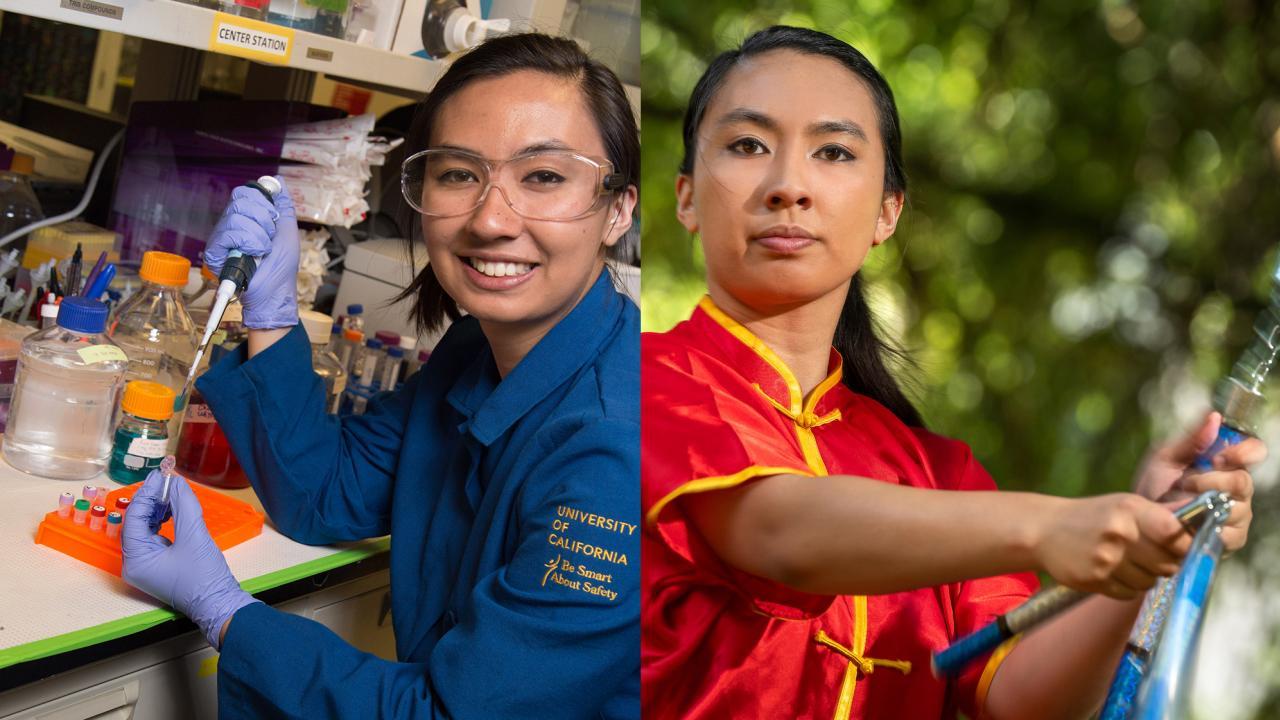 Cropped image of Emily in a lab and also in a red silk uniform